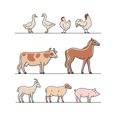 Cute animals icons set - horse, cow, goat, sheep, pig, duck, chick, goose, cock. Vector illustration with farm animals in cartoon style.