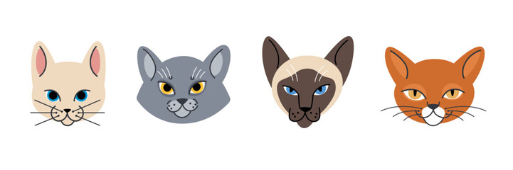 Cartoon illustration of cat head. Different type of cats. Vector illustration for prints, clothing, packaging, stickers.