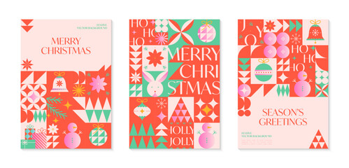 Christmas and Happy New Year greeting banners templates.Festive vector backgrounds in bauhaus style.Traditional winter holiday symbols.Xmas trendy designs for branding,invitations,prints,social media