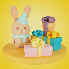 Christmas gifts and bunny 3d illustration.