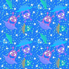 Cartoon aliens monsters seamless spaceship and stars pattern for wrapping paper and kids clothes print and fabrics