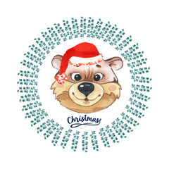 Watercolor cute bear, eucalyptus wreath, hand drawn portrait illustration isolated on white background. Christmas. Beautiful flower arrangement with watercolor cute bear. retro cartoon