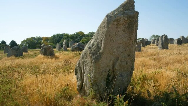 Panoramic view of a big menhir in the famous archaeological site of Carnac, Brittany, France. Dry yellow field on the foreground. Blue sky on the background.