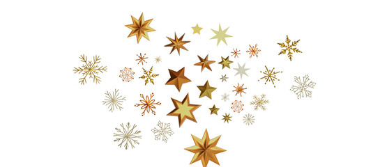golden openwork shiny snowflakes, star, 3D rendering.