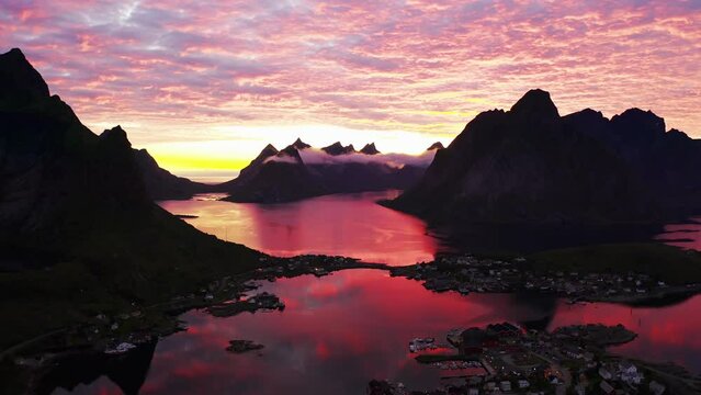 pink sunset Lofoten Islands Norway. Reine Lofoten is an archipelago in the county of Nordland, Norway. Aerial view