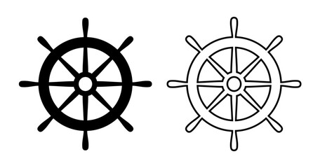 Obraz premium Helm ship icon. Black steering isolated on white background. Rudder boat silhouette. Simple outline ship helm for design travel print. Handle timon. Nautical wheel. Maritime steer. Vector illustration
