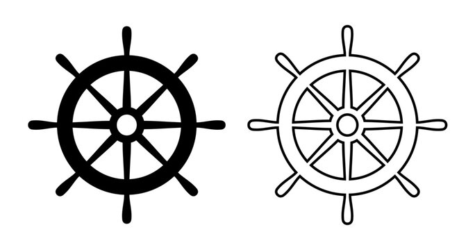 Helm ship icon. Black steering isolated on white background. Rudder boat silhouette. Simple outline ship helm for design travel print. Handle timon. Nautical wheel. Maritime steer. Vector illustration