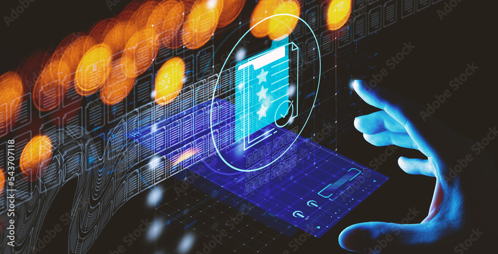 Poster Hand touch smart phone icon of Document Management Data System Business Internet Technology Concept.