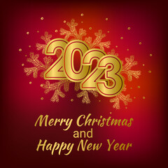 2023 Red Christmas card with Golden  Christmas tree. Merry Christmas and Happy New Year text with Snowflakes, lettering for greeting cards, banners, posters, isolated vector illustration