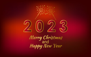 2023 Red Christmas card with golden sparklers. Merry Christmas and Happy New Year text with Snowflakes, lettering for greeting cards, banners, posters, isolated vector illustration