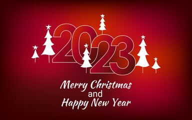 2023 Red Christmas card with white Christmas tree. Merry Christmas and Happy New Year text with Snowflakes, lettering for greeting cards, banners, posters, isolated vector illustration