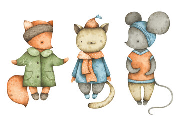 Watercolor set with cute vintage cat, fox and mouse. Winter characters for poster, logo design, holiday greetings
