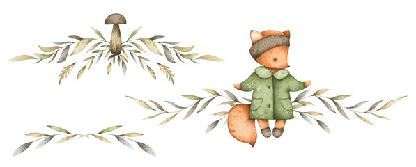Watercolor arrangements with vintage winter fox, mushroom and branches. Cute compositions with festive forest greenery