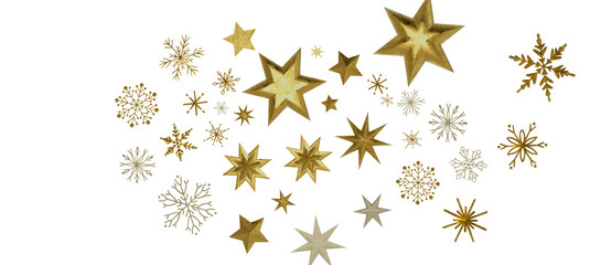 golden openwork shiny snowflakes, star, 3D rendering.