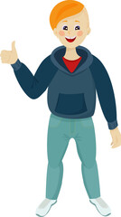 A happy boy with a red fancy shaved haircut, standing with his thumb up, wearing a blue hooded hoodie, blue jeans and white sneakers. Vector illustration, isolated image on white background.