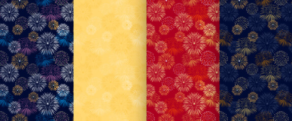 Set of backgrounds with festive fireworks. Bright beautiful flashes on dark, yellow and red. Vector abstract seamless pattern.