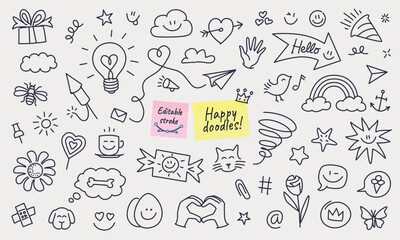Happy doodles clip-art set with editable stroke. Vector illustrations and little drawings, symbols with joy, smilies, happiness and fun love life concept.