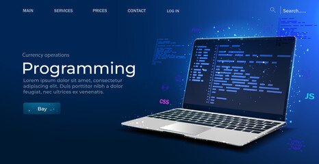Software, web development, programming concept. Abstract programming language and program code on a laptop screen. Web development, coding, and programming. Vector illustration.