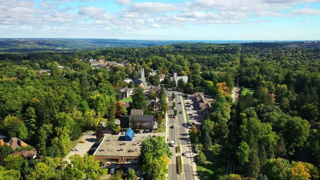 Aerial view of Ancaster, Ontario, Canada in early fall 4K