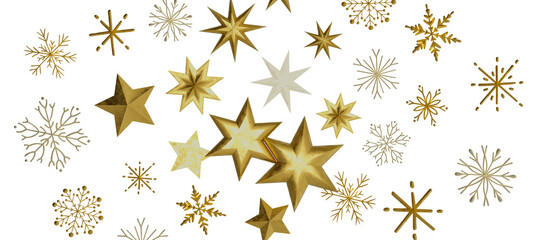 golden openwork shiny snowflakes, star, 3D rendering.