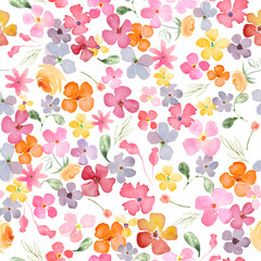 Watercolor seamless pattern with abstract bright flowers, leaves, branches. Hand drawn floral illustration isolated on white background. For packaging, wrapping design or print. © Alla