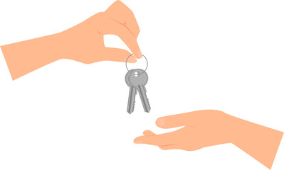 Hand giving two keys to another hand. Transparent background. Flat vector illustration.
