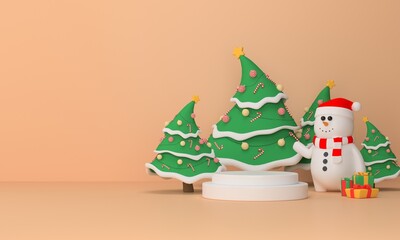 Abstract Christmas background with snow man, brown color ,podium design for showcase or product display , 3d rendering.	
