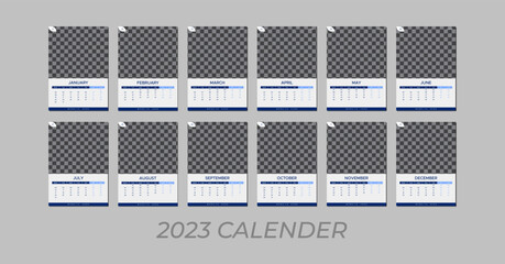 Wall Monthly Calendar 2023. Wall calendar in a minimalist style,Simple monthly vertical photo calendar Layout for 2023 year in English. 12 months templates Vector 