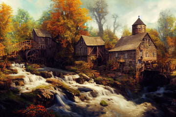 AI generated image on a vintage water-mill similar to the Glade Creek Gristmill during autumn 