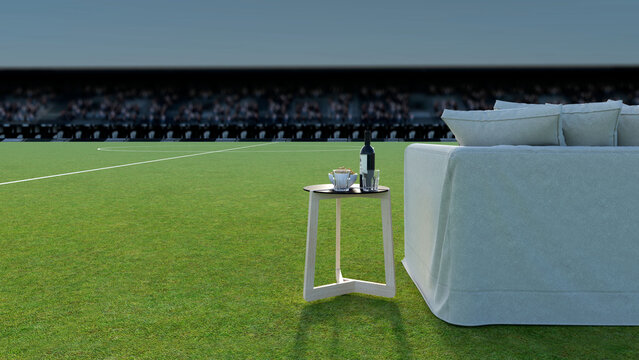 Armchair With Coffee Table On The Background Of A Soccer Field. Space On The Left For Text. Watch Sports On HDTV. 