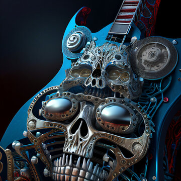 Crazy Steampunk Electric Guitar With Skull Design, Surrealistic Heavy Metal Music Instrument, Generative Ai