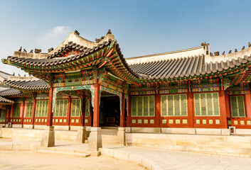 Naklejka premium Colorful exterior of a pavilion in the park of Changdeokgung palace in Seoul, South Korea, Asia