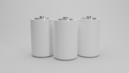 Big alkaline realistic white batteries isolated on white background. Energy concept. 3D render