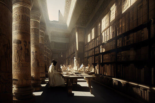 AI generated image depicting inside of the ancient library at Alexandria 2000 years ago. Students and scholars reading from huge racks to papyrus scrolls. Walls covered with hieroglyphs