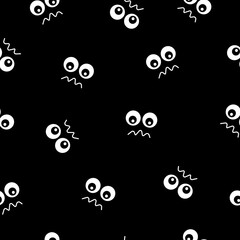 Happy Halloween seamless pattern with spider eyes for greeting card. Big scary eyes on a black background.