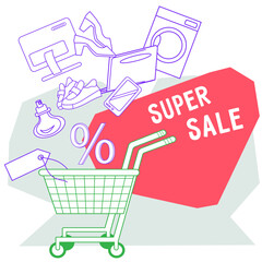 Shopping cart with fashion goods and electronics, flat vector illustration isolated on white background. Sale and discount promo banner template. Shopping special offer concept.