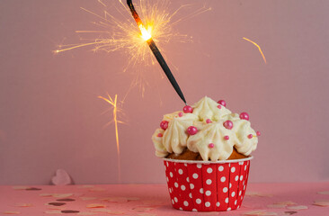 Birthday cupcake with with sparkler Bengal light on a pink background. Cake with white cream. Festive dessert and congratulations. Happy Birthday.