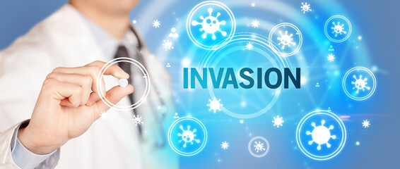 Doctor giving pill, virus concept