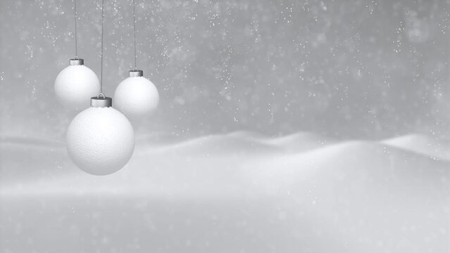 Looped New year and Christmas decorations with snowfall and baubles swinging on the string animation background.