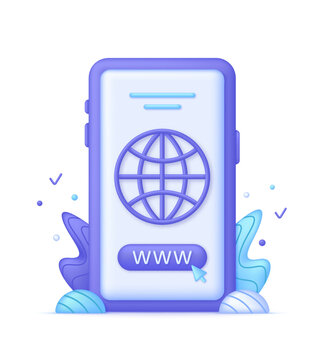 3D Phone and Globe hyperlink icon. Search WWW sign. Web hosting technology. Browser search website page.