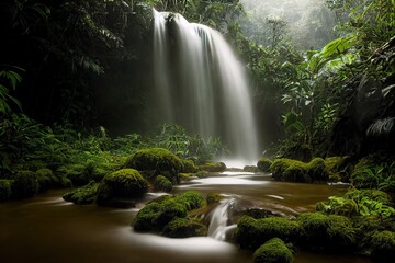 Stunning photorealistic illustration of beautiful waterfall in the rainforest jungle, ai generated