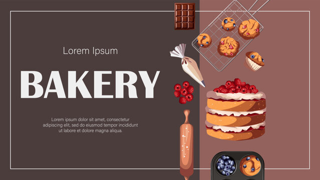 Pastry, baking products, cake, muffins, utensils, copy-space on gray pink. Bakeries, shops, confectionery, cooking, dessert concept. Vector illustration for poster,banner,flyer,menu,advertising. 