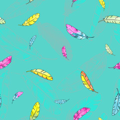 Different colors little feathers of birds - watercolor painting seamless pattern on vibrant blue background