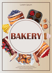 Poster design with cakes,muffins,utensils,cupcakes,copy-space on circle.Baking,bakery shop,cooking,sweet product,dessert concept. Vector illustration for poster,banner,flyer, menu. 