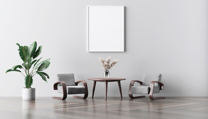 3d illustration, interior with a plant and two armchairs with a blank poster on the wall

