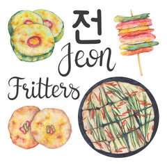 Watercolor illustration of Fritters - Jeon 전 : Pan-fried Zucchini Fritters, Skewers, Mung Bean Pancakes, Green onion pancake. Korean traditional food with hand lettering. Chuseok food. Festival food