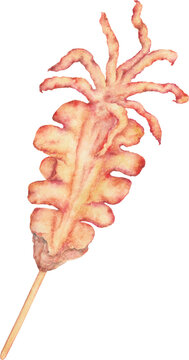 recommend clip art: Transparent Background Watercolor Deep-fried squid on stick Illustration Png. Transparent Clipart traditional Korean Taiwanese Japanese tempura Crispy Whole Squid on skewer, asian street food snack