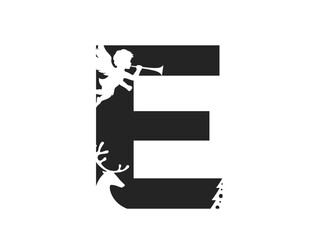 letter e with angel, deer and christmas tree. holiday initial letter for Christmas and New Year design