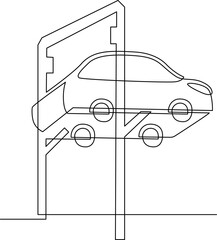 Service car. Car on lift. Bottom view. Continuous line drawing. Vector illustration