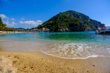 Corfu island, Greece: 07-10-20212: View of the beautiful Palaiokastritsa bay, iconic paradise beach,.Corfu island, Greece.